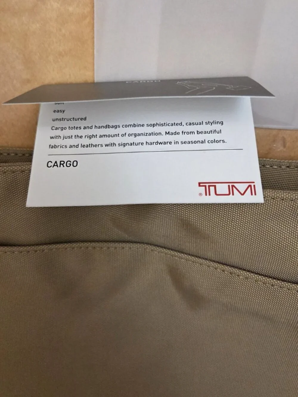 TUMI Cargo Leather Strap Canvas Tote Bag Tan Beige 2 Pockets Keyholder Zip
